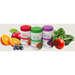 A group of fruits and vegetables next to some juice plus.