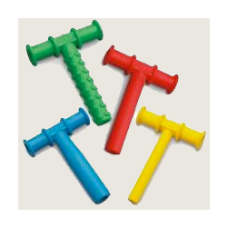 A group of four different colored plastic handles.